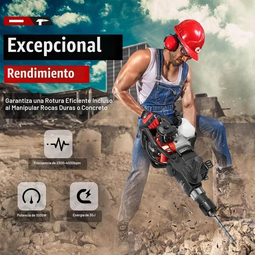 Vista 2 de Martillo de demolición de 32.7 CC, trituradora de hormigón de 2 tiempos, martillo Jack de servicio pesado de 1100 W, 5 piezas de broca de cincel