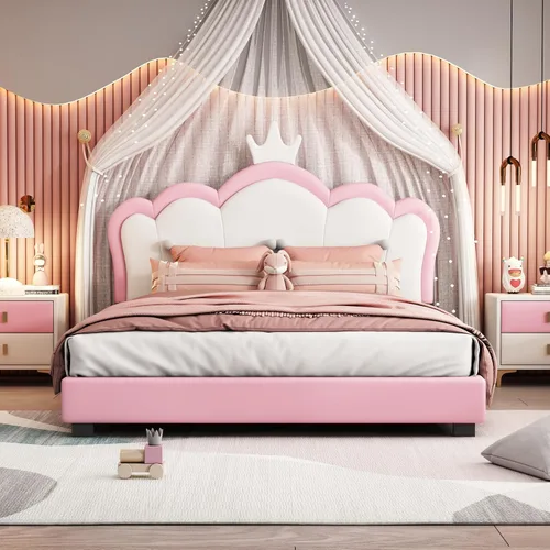 Vista 3 de Cama de princesa rosa con cabecera corona, cama de plataforma tamaño matrimonial, tapizada, no necesita somier