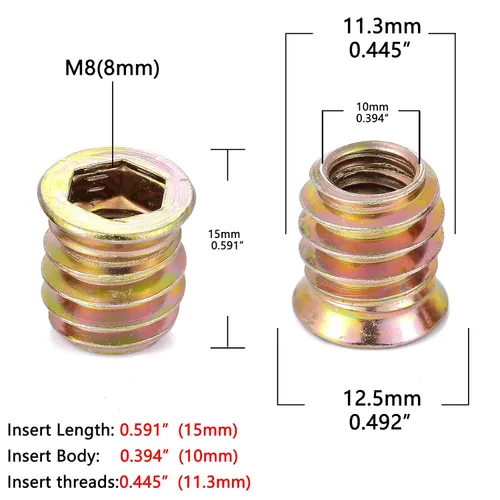 Vista 2 de 80 piezas de insertos de tuerca de madera M8 – Tornillos de metal surtido de llaves hexagonales, insertos roscados, conector de fijación de pernos