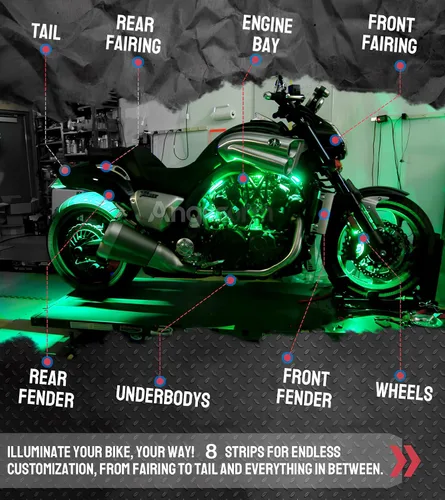 Vista 6 de Kit de 8 tiras de luces LED underglow para motocicleta, impermeables, luces de neón RGB de acento, efecto suelo, tiras de luz atmosférica DC 12V