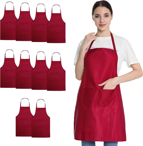 Vista 10 de Delantal negro con bolsillos para mujeres, hombres, adultos, chef, juego de 10 delantales de cocina a granel para cocinar, hornear, restaurante