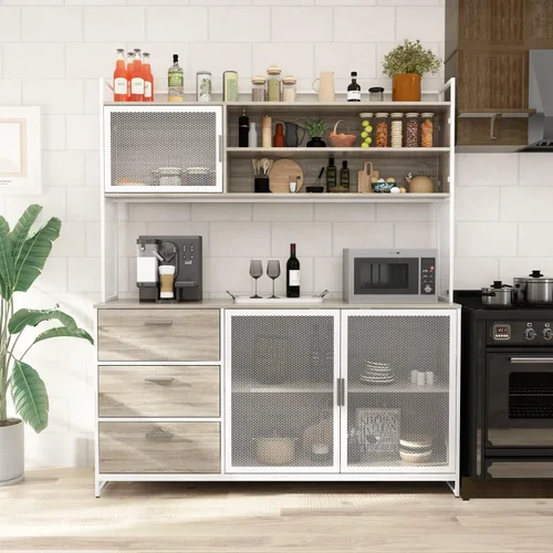 Vista 3 de AGOTENI Armario grande de cocina, armario de almacenamiento con 3 puertas de metal, 3 cajones y estante para microondas, para almacenamiento abierto