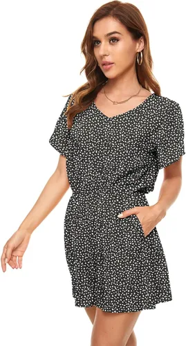 Vista 2 de LAC RETTBA Mono de leopardo con lunares para mujer, cuello en V, estampado floral, manga con vuelo, bolsillo