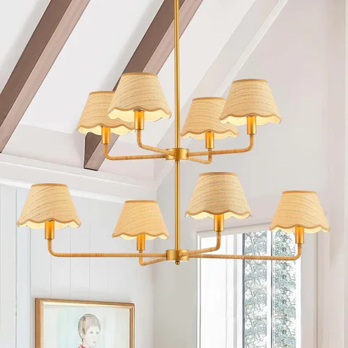 Vista 11 de Lámpara colgante de ratán bohemio de 31 pulgadas, 4 luces, rústica, ajustable, para cocina, isla, comedor, sala de estar, certificación UL Latón 4