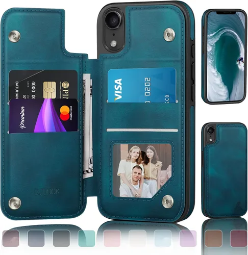 Vista 13 de DJDUCK Funda diseñada para iPhone XR con tarjetero y cierre magnético, protección de piel con bloqueo RFID, a prueba de golpes, para mujeres