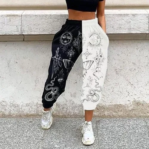 Vista 3 de Amuver - Pantalones de harén estilo hippie bohemio de los años 90 para mujer cintura fruncida estampado de retazos pantalones deportivos para yoga