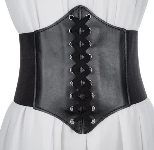 Vista 7 de Negro elástico mujeres atado Waspie corsé cintura cinturón PU cuero adelgazamiento cuerpo cintura superior bajo busto Cinch vestido Faja cordón