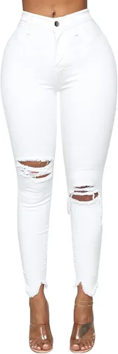 Vista 2 de LONGYIDA Pantalones de mezclilla ajustados rasgados de tiro alto para mujer, elásticos, ajustados, desgastados, desgastados, pantalones de mezclilla