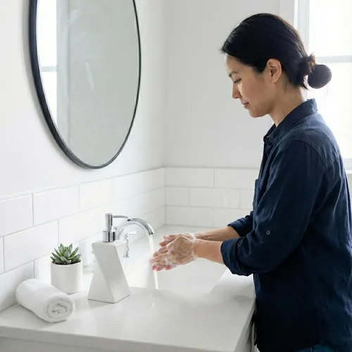 Vista 6 de Dispensador de jabón blanco moderno con bomba plateada para baño y cocina, estilo de arte contemporáneo, acabado mate, a prueba de óxido, 8.5 onzas
