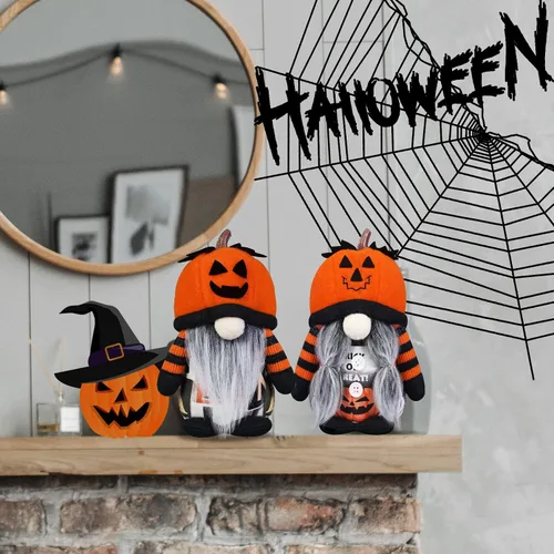 Vista 2 de Decoraciones de gnomos de Halloween, paquete de 2 sombreros hechos a mano con cara de calabaza sueca Tomte nórdico de felpa elfo Nisse adorables