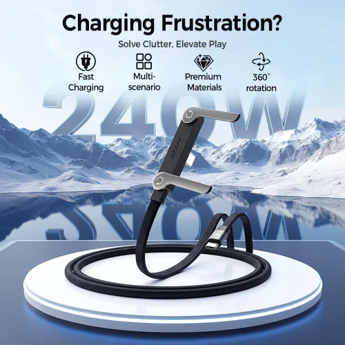 Vista 2 de Cable de carga rápida trenzado de 240 W con soporte para teléfono integrado, cable de carga USB-C a USB-C duradero en forma de T 2026, cable de negro