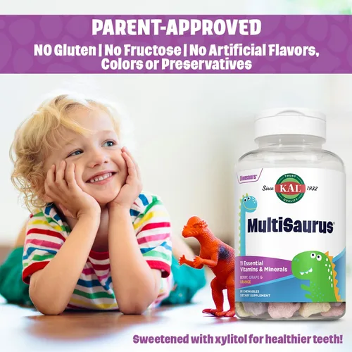 Vista 4 de KAL MultiSaurus - Multivitaminas masticables para niños, 11 vitaminas y minerales esenciales para niños, bayas, uva, naranja, sin gluten y fructosa