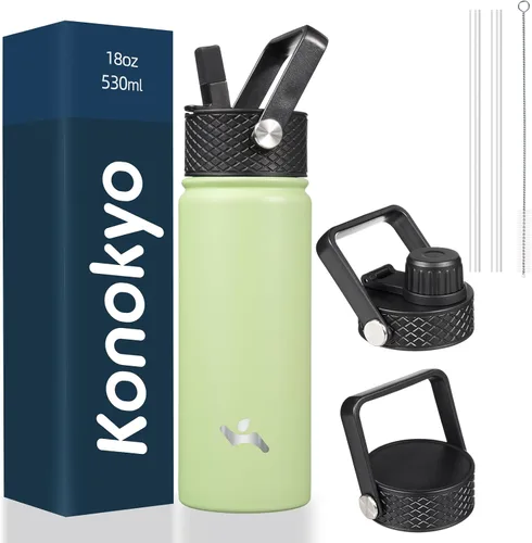 Vista 94 de Konokyo - Botella de agua aislada de 18 onzas, botellas deportivas de acero inoxidable con 3 tapas, verde militar