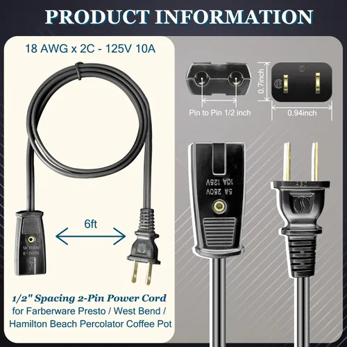 Vista 3 de HASMX Cable de alimentación de 1/2 pulgada de largo para Farberware y Presto Super Speed Coffee Pot Percolator de 1/2 pulgada - También para muchos