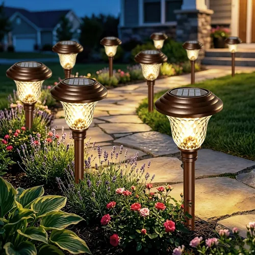 Vista 10 de BEAU JARDIN Paquete de 4 luces solares para camino, color blanco + cambio de color, acero inoxidable, 3 modos para exteriores, multicolor, metal