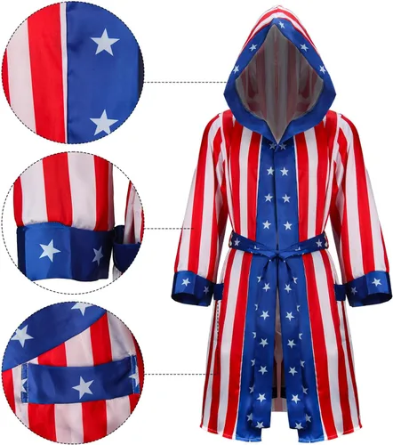 Vista 5 de NIHONCOS Disfraz de boxeo para hombre, bata de satén con bandera estadounidense con capucha, pantalones cortos, cinturón, capa de Halloween, disfraz