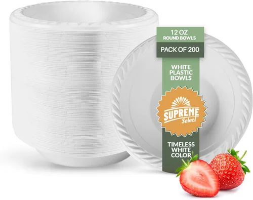 Vista 5 de Paquete de 200 cuencos desechables de plástico blanco – Tazones de 5 onzas libres de BPA para microondas con borde para sopa, ensalada, postre