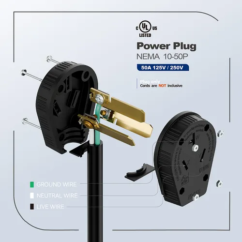 Vista 8 de NEMA 10-50P 50A 125/250V Secadora Ángulo de Rango Enchufe LK3351 3-pole grounding straight blade plug; UL94-V0 nylon housing, fits up to 8AWG 3C