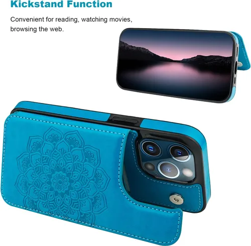 Vista 4 de Vaburs Funda compatible con iPhone 13 Pro con tarjetero y diseño de mandala en relieve, de piel sintética, doble botones, a prueba de golpes