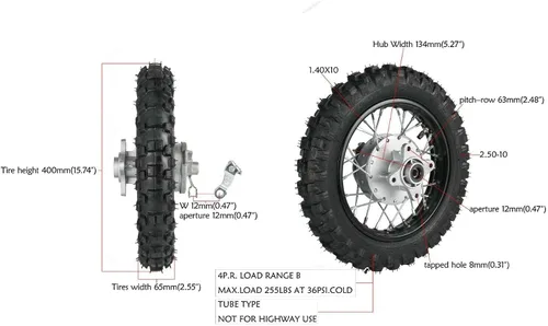 Vista 6 de Llanta Trasera de 2.50-10'' para Moto de Cross/Pit Bike, Llanta para Moto de Cross/Pit Bike de 110cc 90cc 70cc 50cc SUNL JOWAY Coo-lster PW50 TTR50