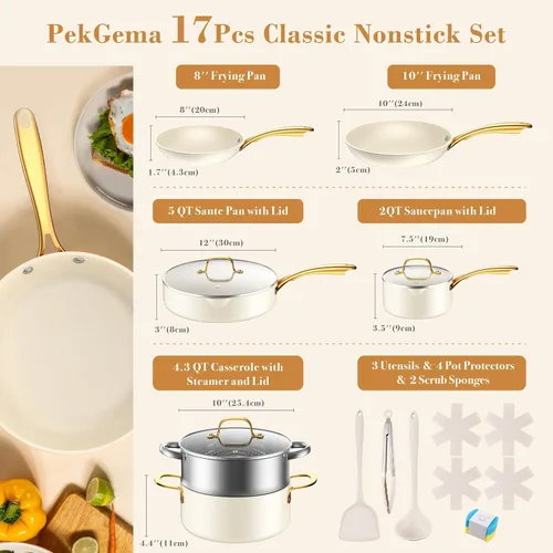Vista 2 de PekGema Juego de utensilios de cocina de cerámica de 15 piezas, juego de ollas y sartenes antiadherentes, apto para horno, no tóxico, juego