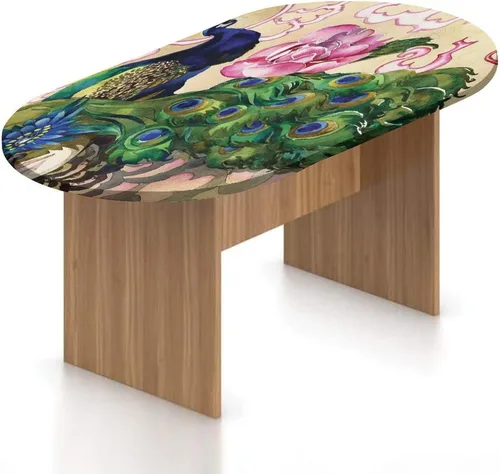 Vista 16 de XISUNYA Mantel ovalado ajustable de poliéster elástico de pavo real, con estampado de fotos y plumas coloridas, se adapta a mesas ovaladas de hasta