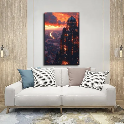 Vista 5 de XAHOR Sci-Fi Steampunk Canvas Wall Art – Cyberpunk Retro City at Dusk Canvas Poster Wall Art Decor Print Picture Paintings for Living Room Bedroom