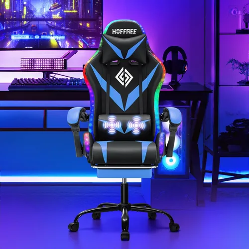 Vista 2 de HOFFREE - Silla para juegos con luces LED RGB estilo carreras, color azul azul+negro