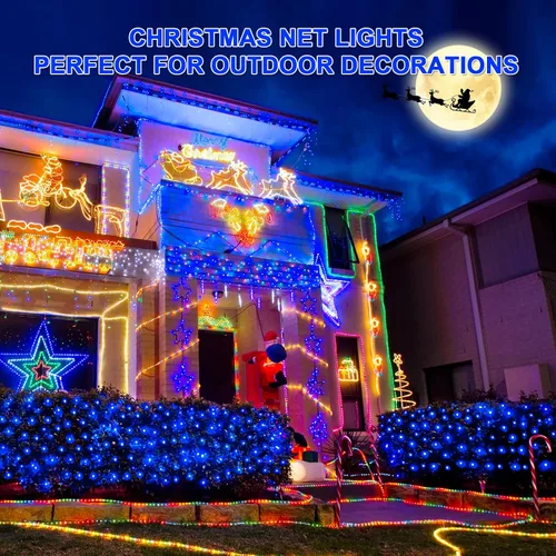 Vista 3 de JMEXSUSS 360 luces LED de red azul para exteriores, conectables de 12 pies x 5 pies, luces de red de Navidad enchufables con control remoto, 8 modos