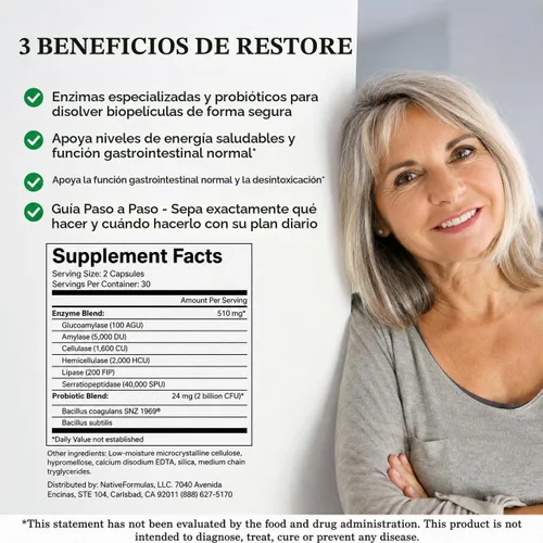 Vista 2 de Native Formulas Restore 3 Proteolíticas Enzimas y Esporas Suplemento de Mezcla Probiótica – 60 Cápsulas – Ayuda Avanzada para la Disrupción