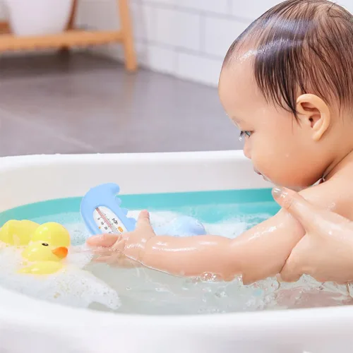 Vista 5 de Termómetro de baño de cocodrilo para bebé, 2 unidades, termómetro de temperatura del agua para piscinas, spas, jacuzzis, estanques, azul cielo