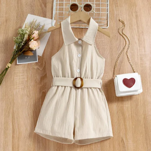 Vista 2 de Mameluco de verano sin mangas para niñas pequeñas, mono de lino y algodón sólido con cinturón, para madres y niñas (beige, 12-18 meses)