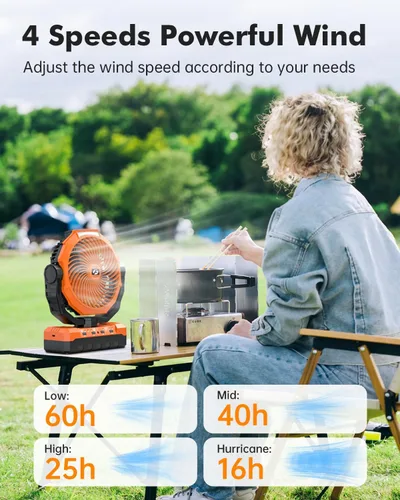Vista 3 de Ventilador de camping 3 en 1 - Ventilador recargable con batería desmontable y gancho con luz para tienda de campaña, al aire libre - Ventilador
