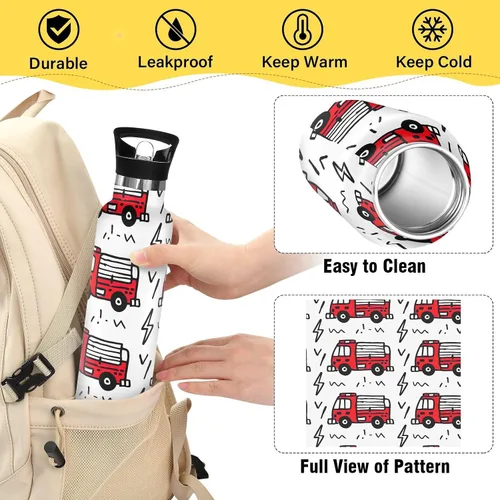 Vista 4 de Kids Water Bottle with Straw for School 20 Oz, Kids Water Bottle Stainless Steel for Travel or School, BPA-Free, Cartoon Fire Trucks
