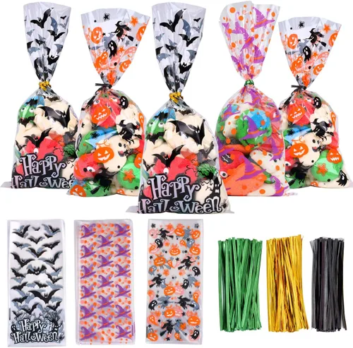 Vista 7 de DIYASY Bolsas de celofán de Navidad, 180 bolsas de regalo de Navidad, bolsa de plástico para dulces, bolsa transparente para bocadillos con lazos
