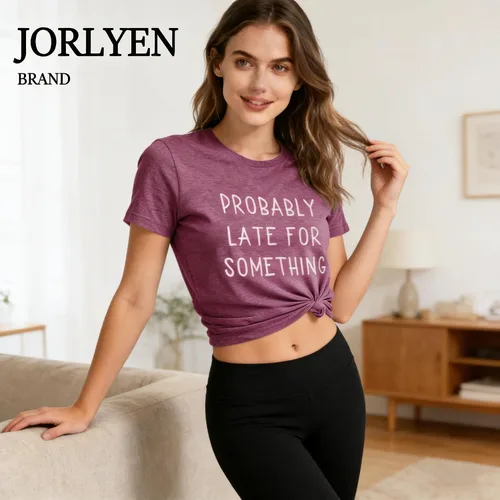 Vista 3 de Camiseta para mujer, con texto en inglés "Probably Late for Something", con texto en inglés "Probably Late for Something