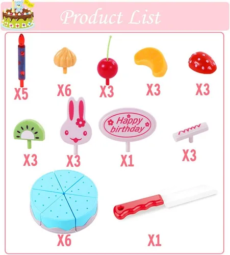 Vista 4 de Juego de 38 piezas de decoración de pastel de fiesta de cumpleaños de corte de bricolaje, juego de comida de cocina para corte de frutas, regalo