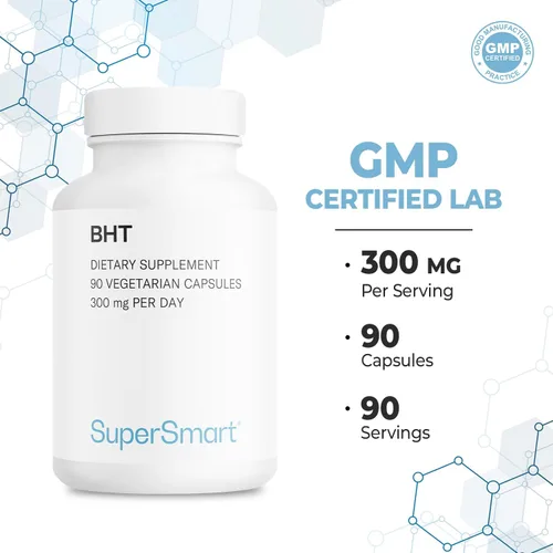 Vista 5 de Supersmart - BHT 300 mg por día - Hidroxitolueno butilado - Potente antioxidante y apoyo inmunológico - Suplemento antienvejecimiento Sin OMG