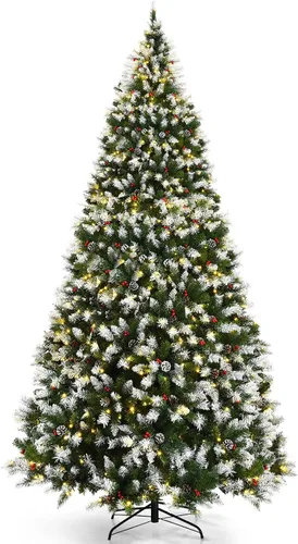 Vista 10 de Goplus - Árbol de Navidad artificial preiluminado de 1.8 m con bisagras, cubierto de nieve, con piñas, bayas rojas y 250 luces LED, 8 modos