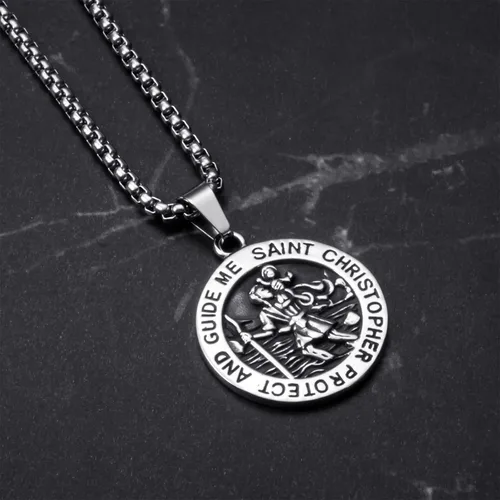 Vista 2 de ELFASIO Colgante de San Miguel, medalla de San Cristóbal, medallas de San Benito, collar de cruz de Jesús para hombres y mujeres, colgante de acero