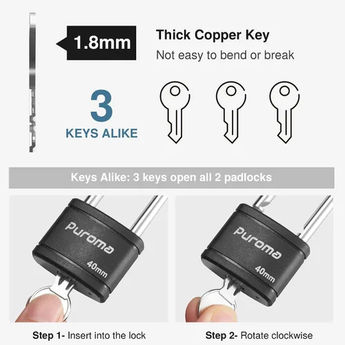 Vista 6 de Puroma Paquete de 2 Candados con Llave de 3 Claves, Cerradura de 2.5 Pulgadas (63.5mm) de Alta Resistencia para Puerta, Valla, Cerrojo de Armario