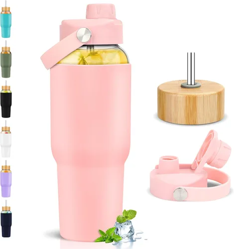 Vista 11 de PROBTTL Botellas de agua de vidrio de 32 onzas, vaso de vidrio de 1 litro, botella de agua de borosilicato con popote, funda de silicona, 2 tapas