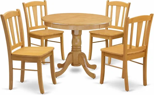 Vista 15 de East West Furniture ANDL3-MAH-W Juego de mesa y sillas de cocina de 3 piezas contiene una mesa de comedor redonda con pedestal y 2 sillas