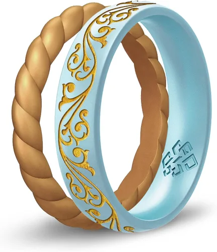 Vista 14 de Knot Theory Anillo de silicona de filigrana y hoja de laurel con incrustaciones de oro, anillo de boda de silicona grabado, para actividades