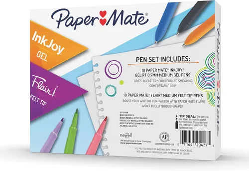 Vista 6 de Paper Mate Paquete Variado de Bolígrafos, Bolígrafos de Gel Retráctiles InkJoy, Punta de Fieltro Flair, 28 Unidades - Colores Surtidos, Escritura
