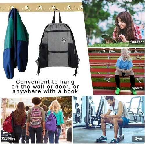 Vista 7 de BeeGreen Mochila con cordón y bolsillos con cremallera y botella de agua de malla para deportes de gimnasio, Gris, Mochilas Daypack