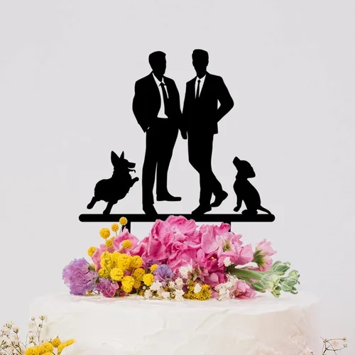 Vista 4 de Decoración rústica para tartas de boda del mismo sexo, silueta de novios, decoración para tartas de boda con Rottweiler y Basset Hound Novio y Novio