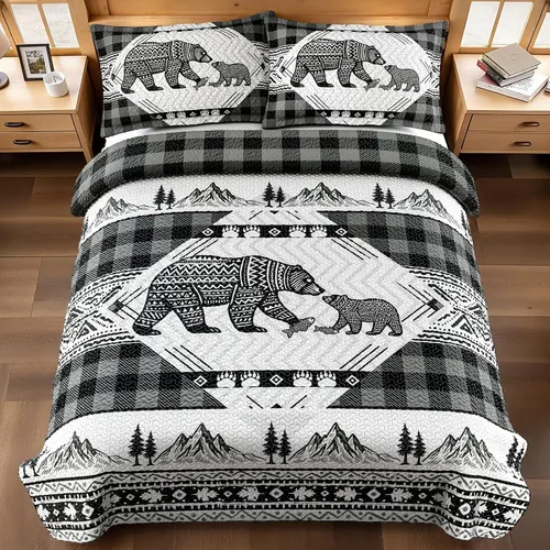 Vista 18 de Juego de 3 piezas de colcha tamaño King para cabaña, reversible, navideño, rústico, de microfibra, suave, ligera, de granja, con 2 fundas de 2-Oso