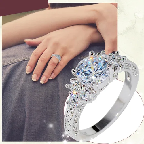 Vista 3 de Anillo de plata de diamante de lujo, anillo de compromiso, anillo de boda, anillo de circonita, joyería para tu princesa, Metal, Sin piedras