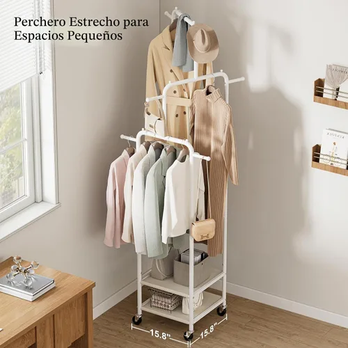 Vista 7 de Chrislley Perchero pequeño con ruedas y 2 estantes, perchero estrecho